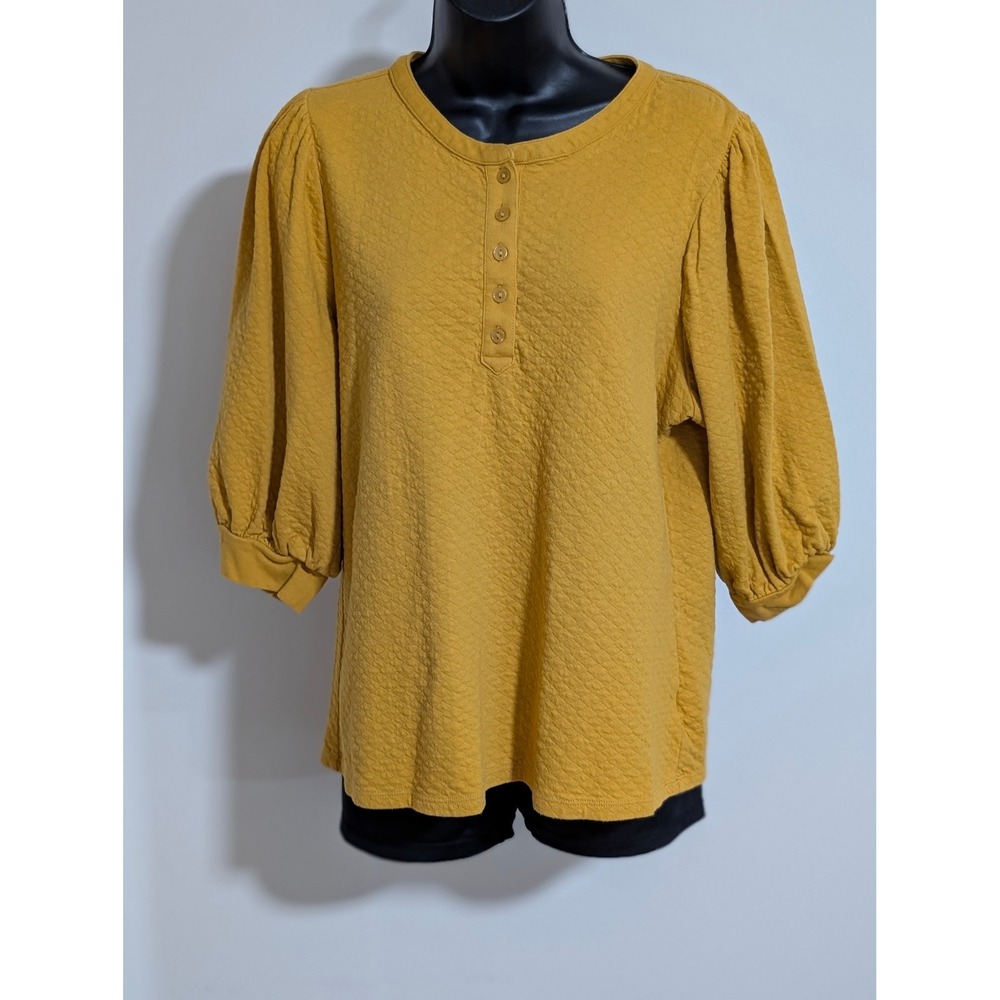 Time and Tru Quilted Top Puff Sleeve Button Up Blouse Yellow Size Large